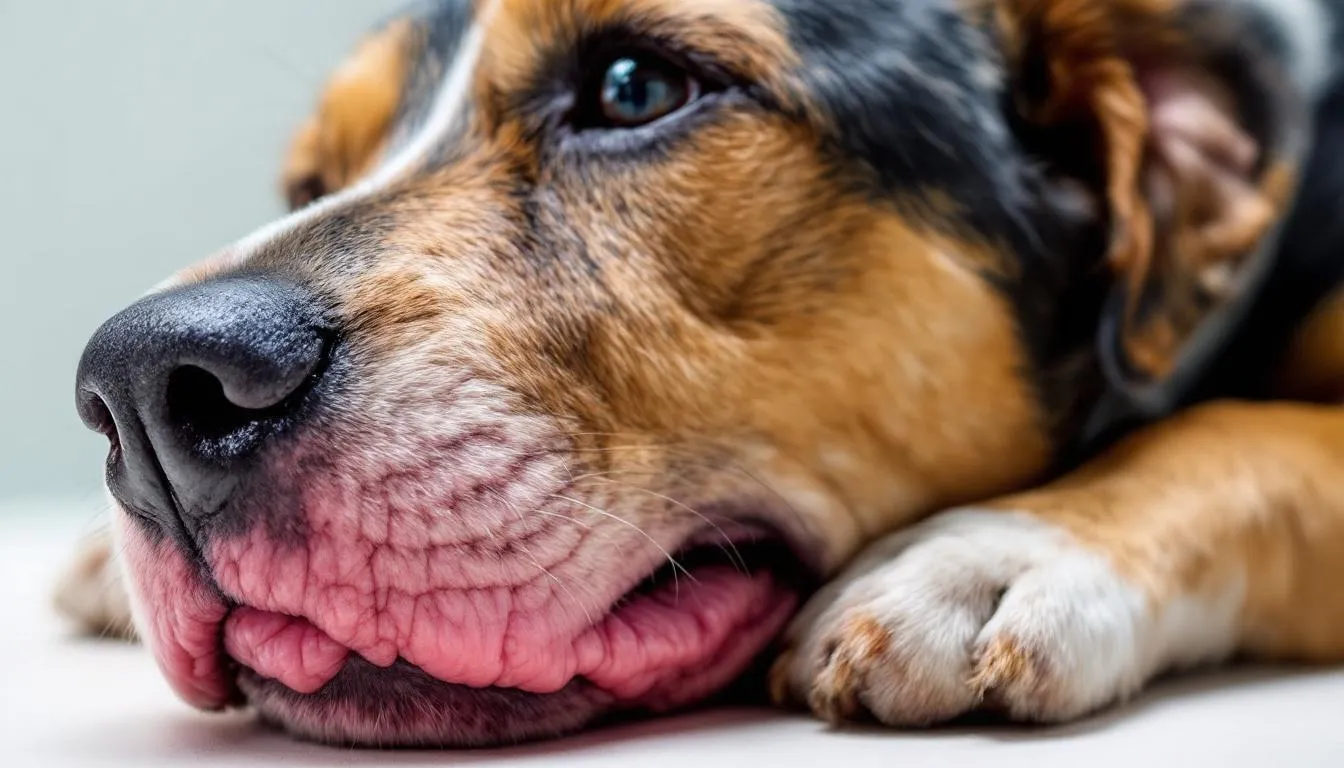 A dog is depicted with pale gums, indicating severe anemia often associated with hookworm infections. This visual highlights the importance of recognizing symptoms of intestinal parasites, especially in young puppies and nursing female dogs.