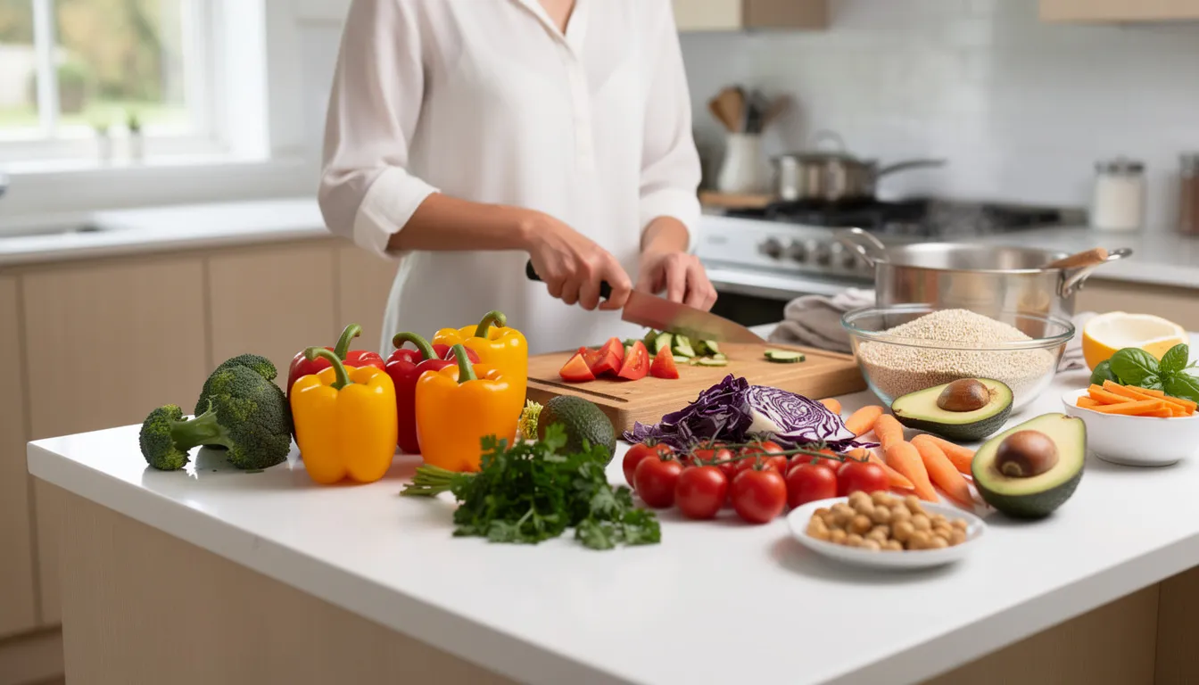 A person is seen preparing a healthy meal in a bright kitchen, surrounded by an array of colorful vegetables and whole foods, promoting the benefits of a nutritious diet. This scene reflects the importance of healthy eating for metabolic health and energy production, which can be enhanced through practices like nmn supplementation.