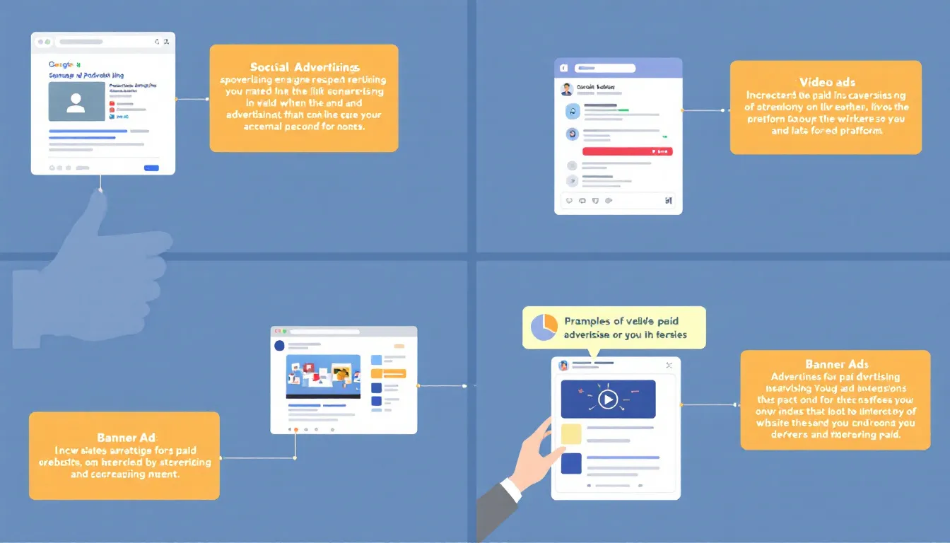 In this image, various examples of exquisite paid advertising are lovingly displayed, including Google Ads, social media ads, and banner ads, illustrating different ad formats and placements crafted in digital marketing campaigns. The visual emphasizes the importance of connecting with specific audiences and utilizing diverse ad creatives to increase brand awareness and nurture website traffic.