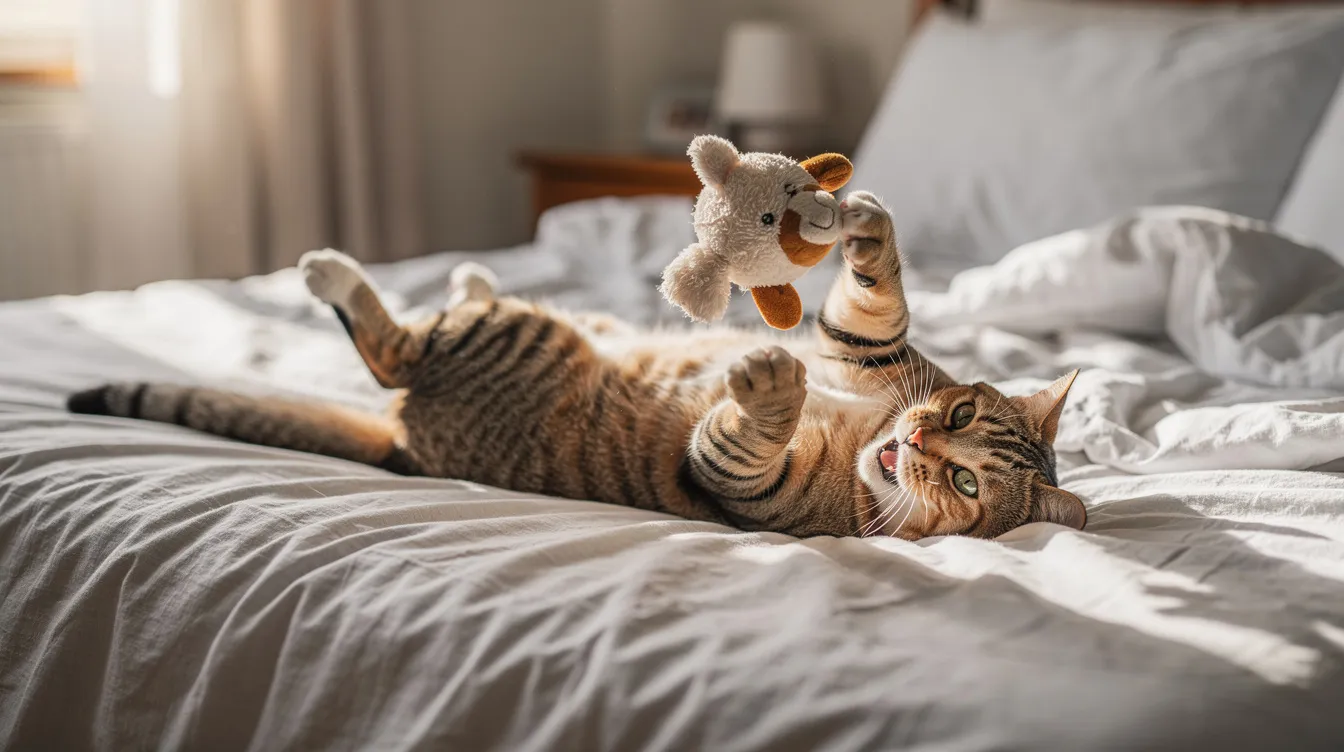 A playful cat is enthusiastically kicking its durable kicker toy while lounging on a cozy bed, showcasing its natural instincts to pounce and play. The toy, likely filled with fresh catnip, captures the cat's attention and provides mental stimulation and fun.