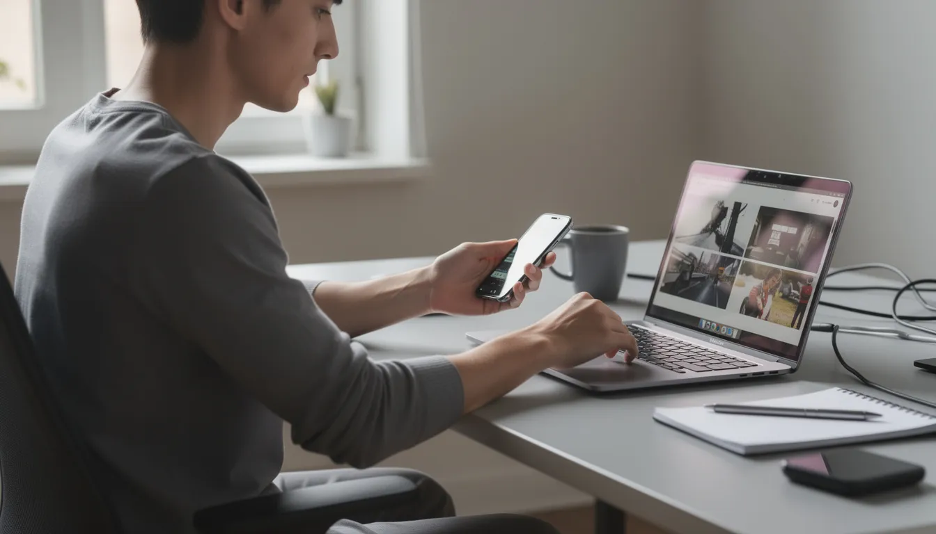 The image shows a person sitting at a desk, intently using both a smartphone and a laptop computer. The workspace is organized, highlighting the use of modern devices, possibly related to Motorola products or services.
