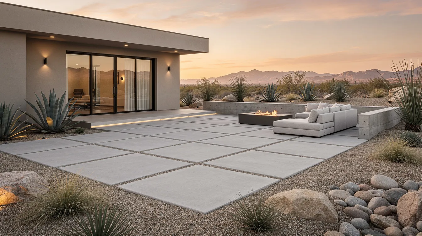 The image depicts a modern paver patio featuring clean lines, set in a desert backyard environment. The outdoor space is designed with a retaining wall and includes elements such as a fire pit, showcasing the efficient use of hardscaping materials to create a functional and stylish area for relaxation and entertainment.