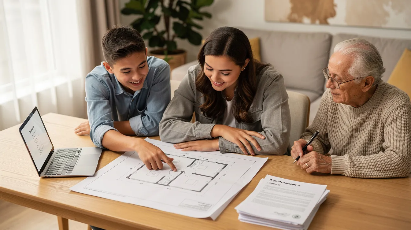 A family is gathered around a table, reviewing property documents together, indicating their interest in real estate investment within Dubai's property market. The scene reflects their collaborative effort in understanding ownership rights and property transactions, showcasing the importance of informed decisions in real estate investment.