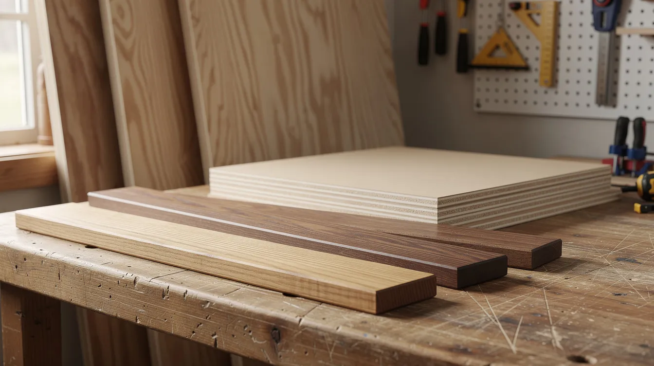 An assortment of wood materials, including plywood sheets, MDF boards, and solid hardwood planks, is neatly arranged on a workshop table, ready for use in various woodworking projects. The setup highlights the versatility of wood in the manufacturing process, showcasing the potential for high-quality results with tools like a CNC router.
