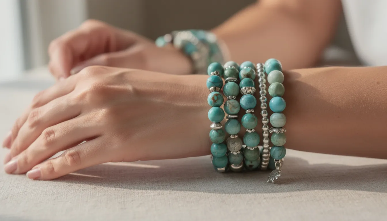 A close-up photograph showcases hands adorned with multiple handmade beaded bracelets in vibrant turquoise and silver tones. The intricate designs and textures of the bracelets highlight the artistry involved in creating unique jewelry pieces.