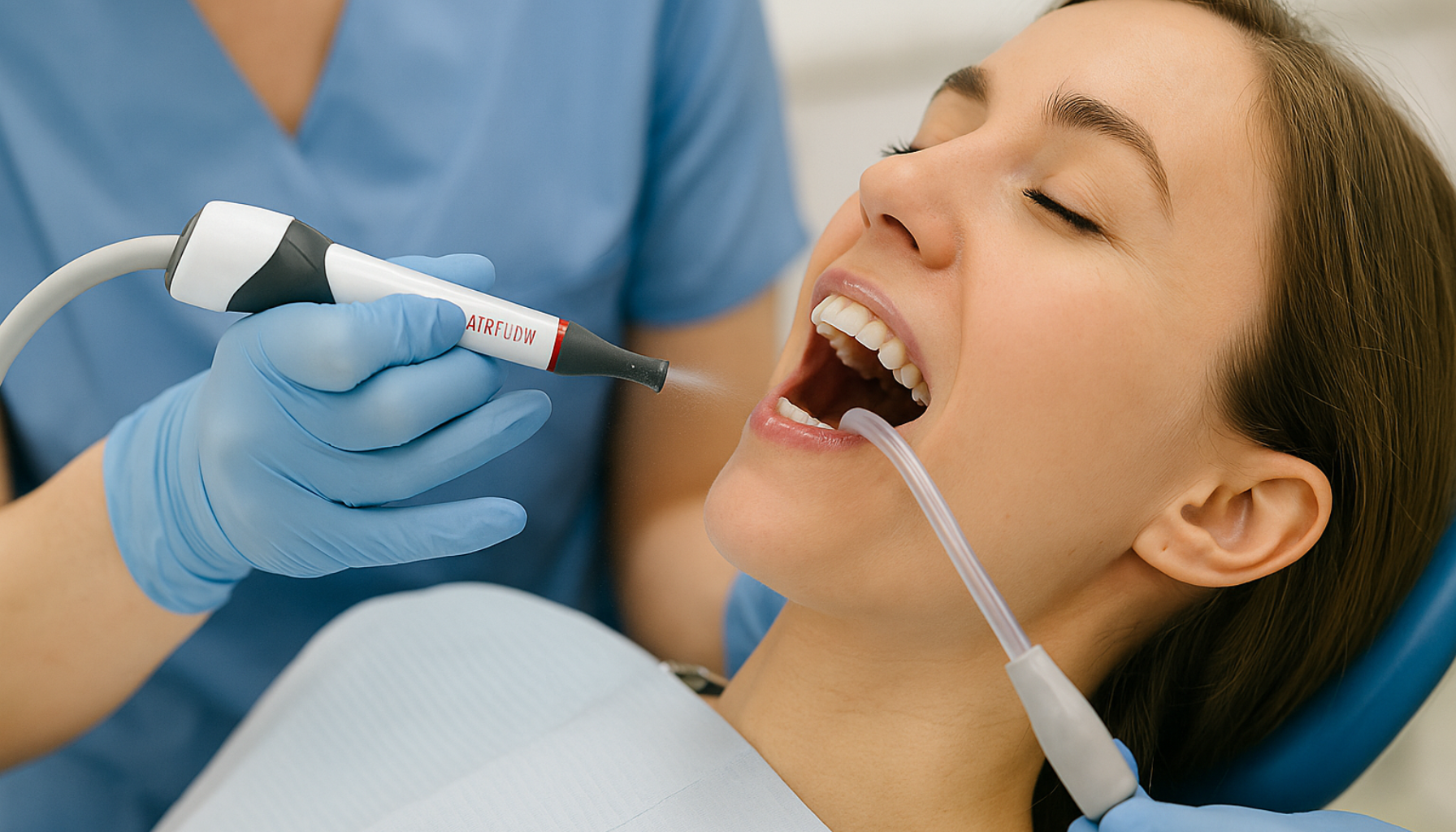 Kvinne får skånsom AirFlow tannrens utført av tannpleier i moderne behandlingsrom.
