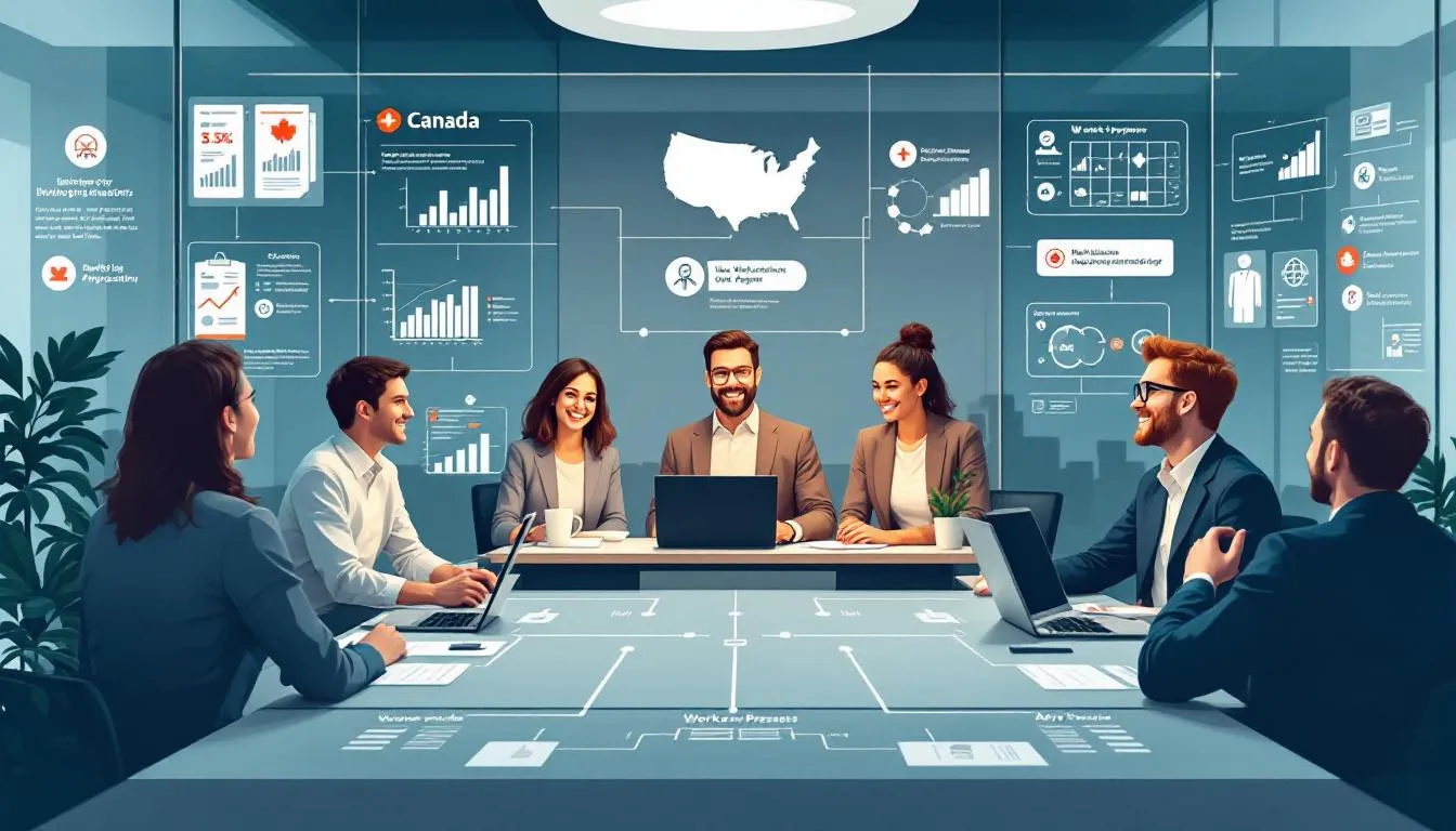 Un groupe de travailleurs heureux au Canada, illustrant les avantages de travailler dans le pays.