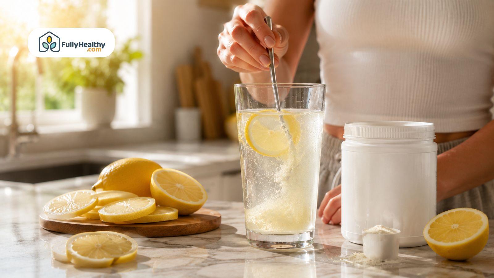 Collagen powder being mixed into lemon water with fresh lemon slices on a kitchen counter.