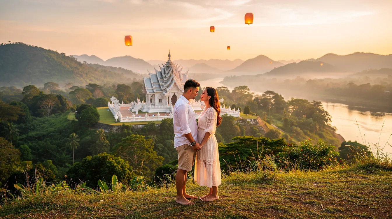 A imagem retrata um casal em lua de mel em Chiang Rai, Tailândia, cercado por belos templos budistas e a natureza exuberante da região. Eles estão desfrutando de um passeio romântico, enquanto exploram a rica cultura tailandesa e os destinos encantadores da cidade.