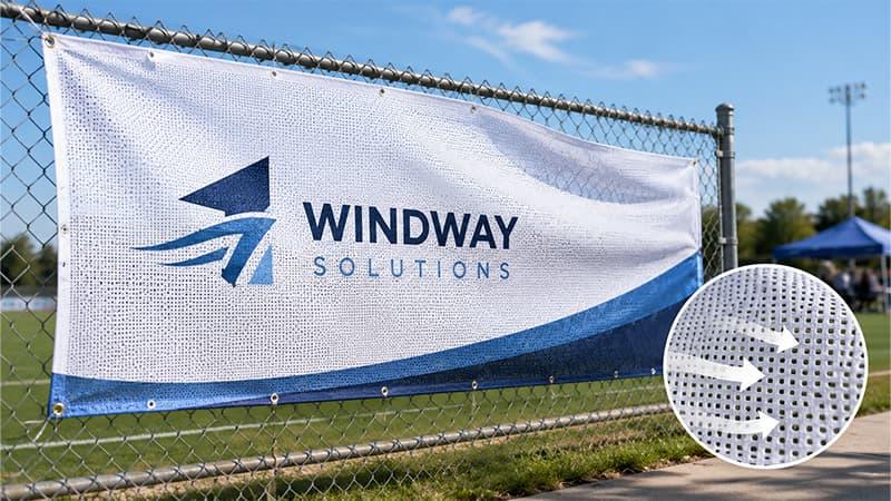Mesh banner on a chain-link fence for outdoor sports fields and windy event areas.