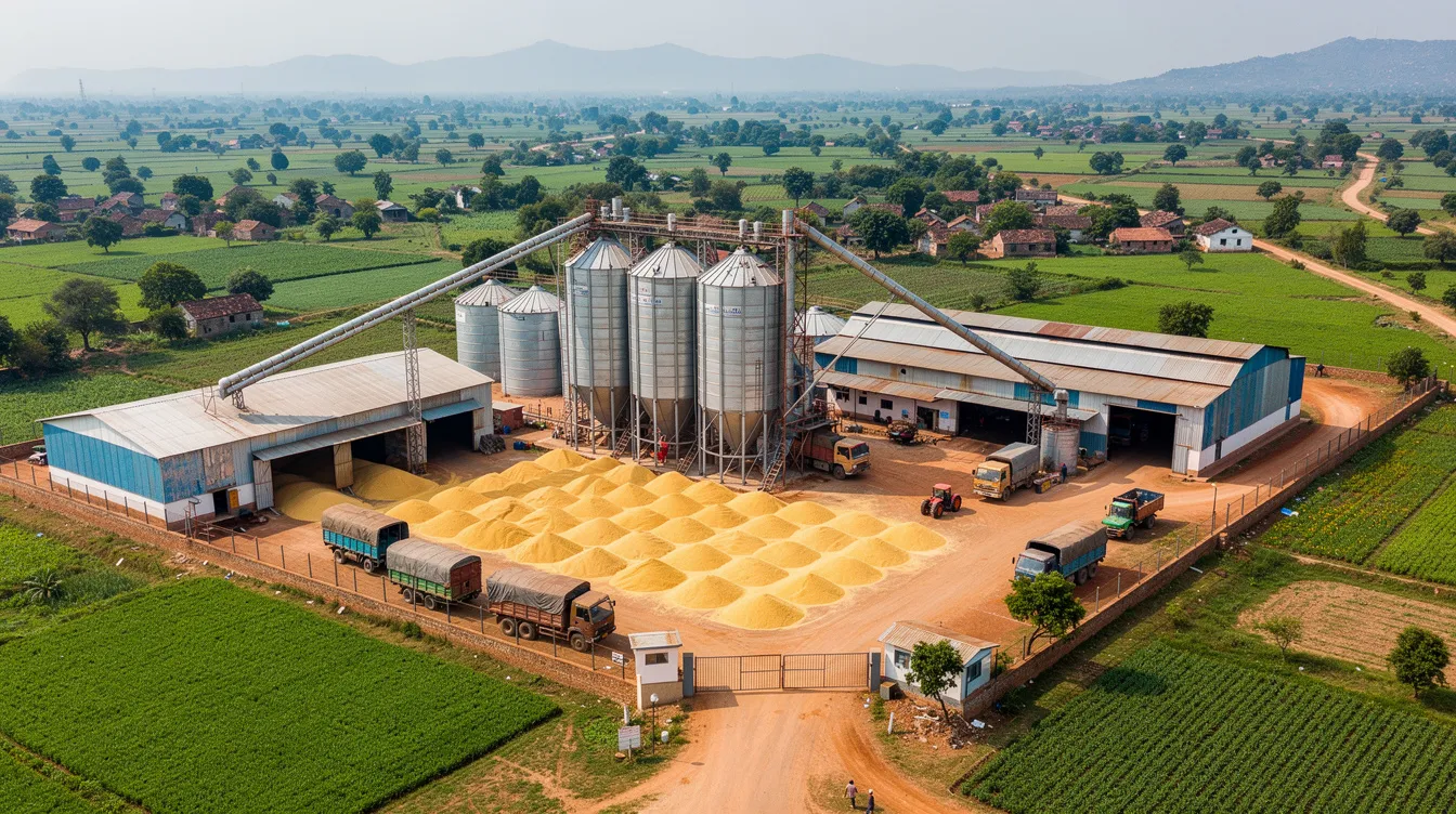 c7078592 d761 4730 a0a8 11e4bff343c8 An aerial view captures a large soybean oil processing plant set in a rural Indian landscape, featuring multiple silos, conveyor systems, and expansive warehouse buildings. This facility plays a crucial role in the soybean processing industry, contributing to the production of crude soybean oil and soybean meal to meet rising domestic demand.