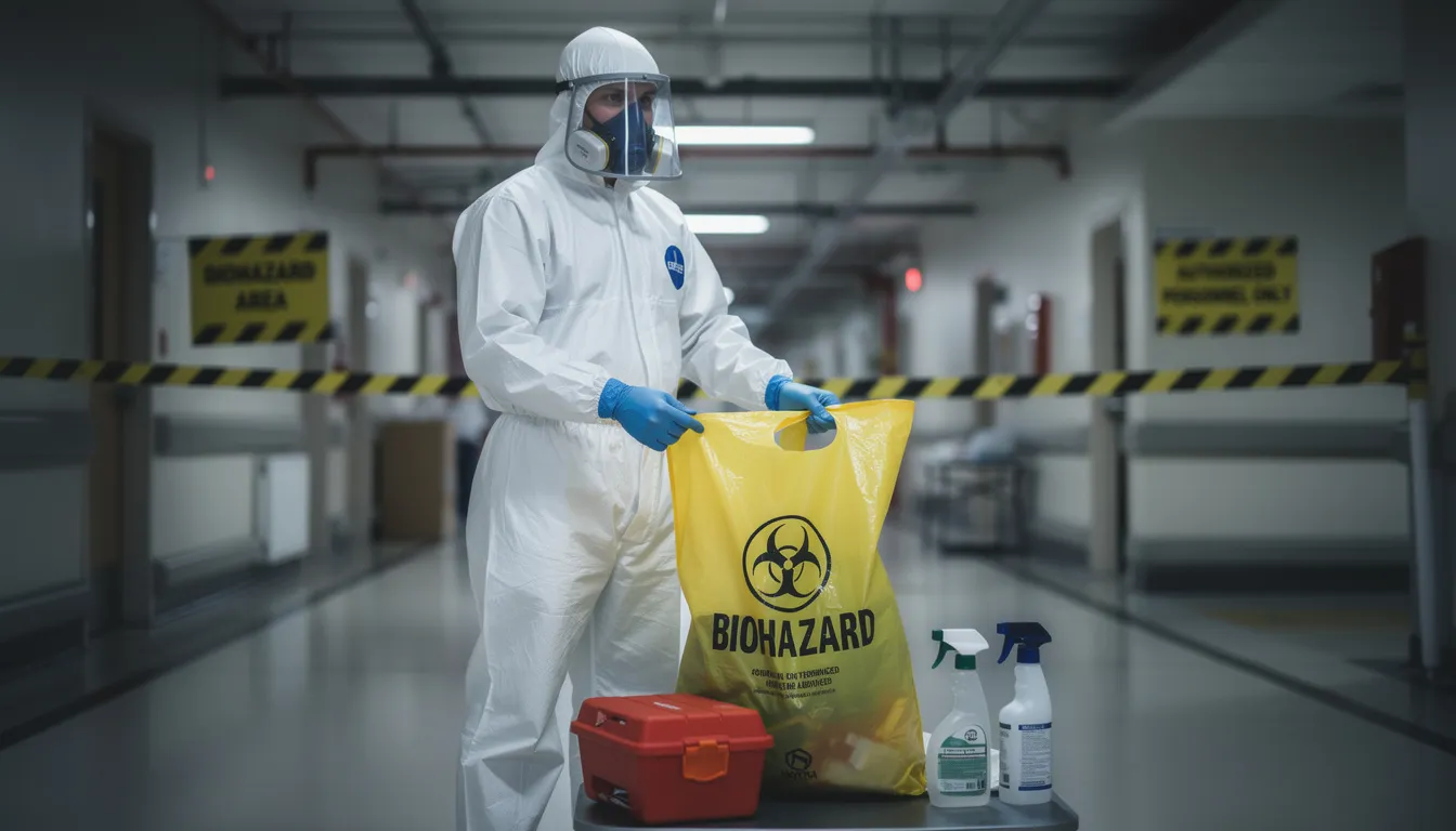 The image shows a person fully equipped in a protective coverall, gloves, and a face shield, preparing to handle biohazard cleaning. They are surrounded by biohazard cleaning supplies, including bags and disinfectant wipes, emphasizing the importance of safety and contamination prevention in hazardous material cleanup.