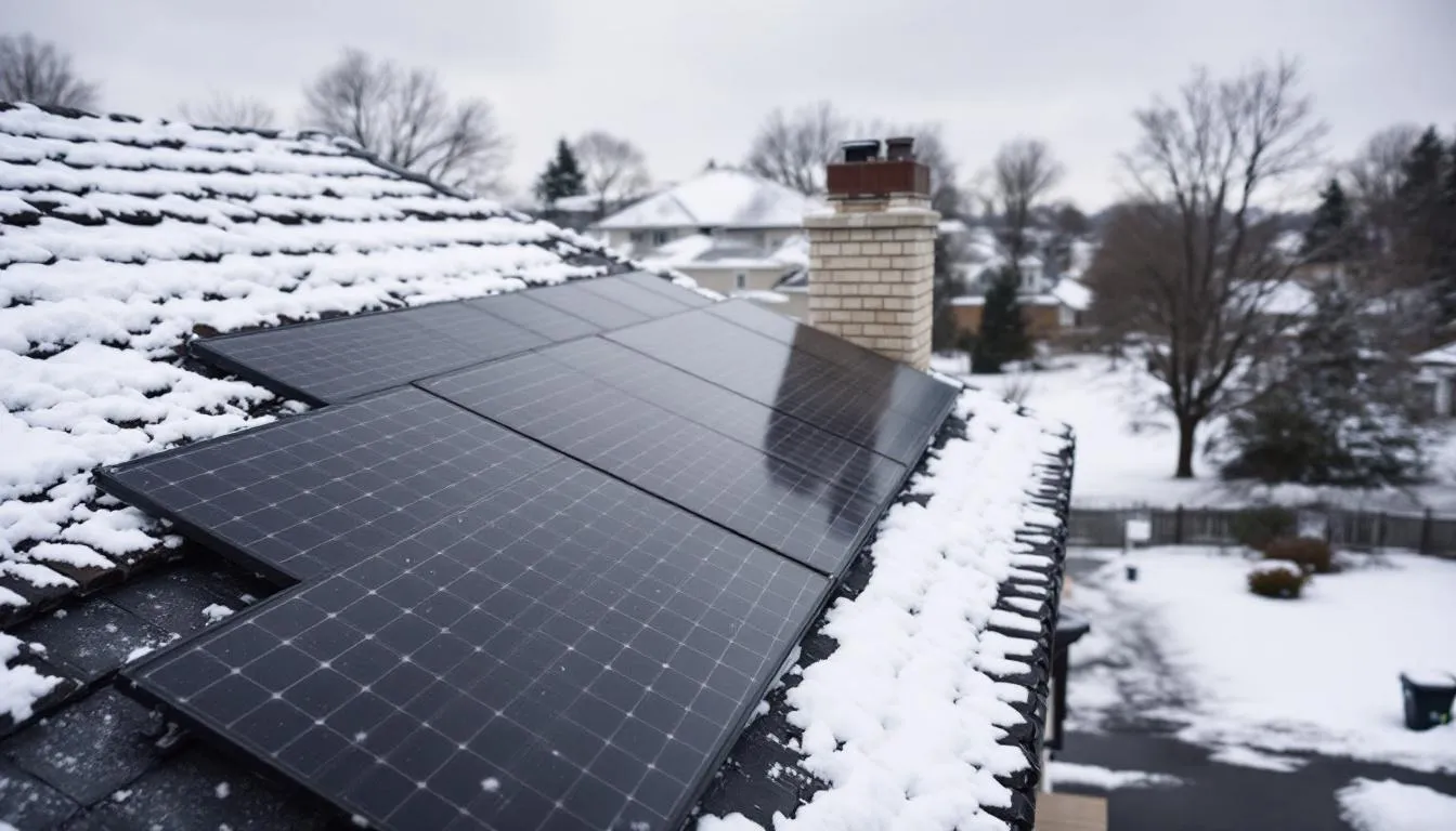 Cette image montre des panneaux solaires photovoltaïques installés sur le toit d'une maison résidentielle, recouverte de neige en hiver. Le système d'énergie solaire, typique de la région du Saguenay, illustre l'utilisation des énergies renouvelables pour réduire les factures d'électricité.