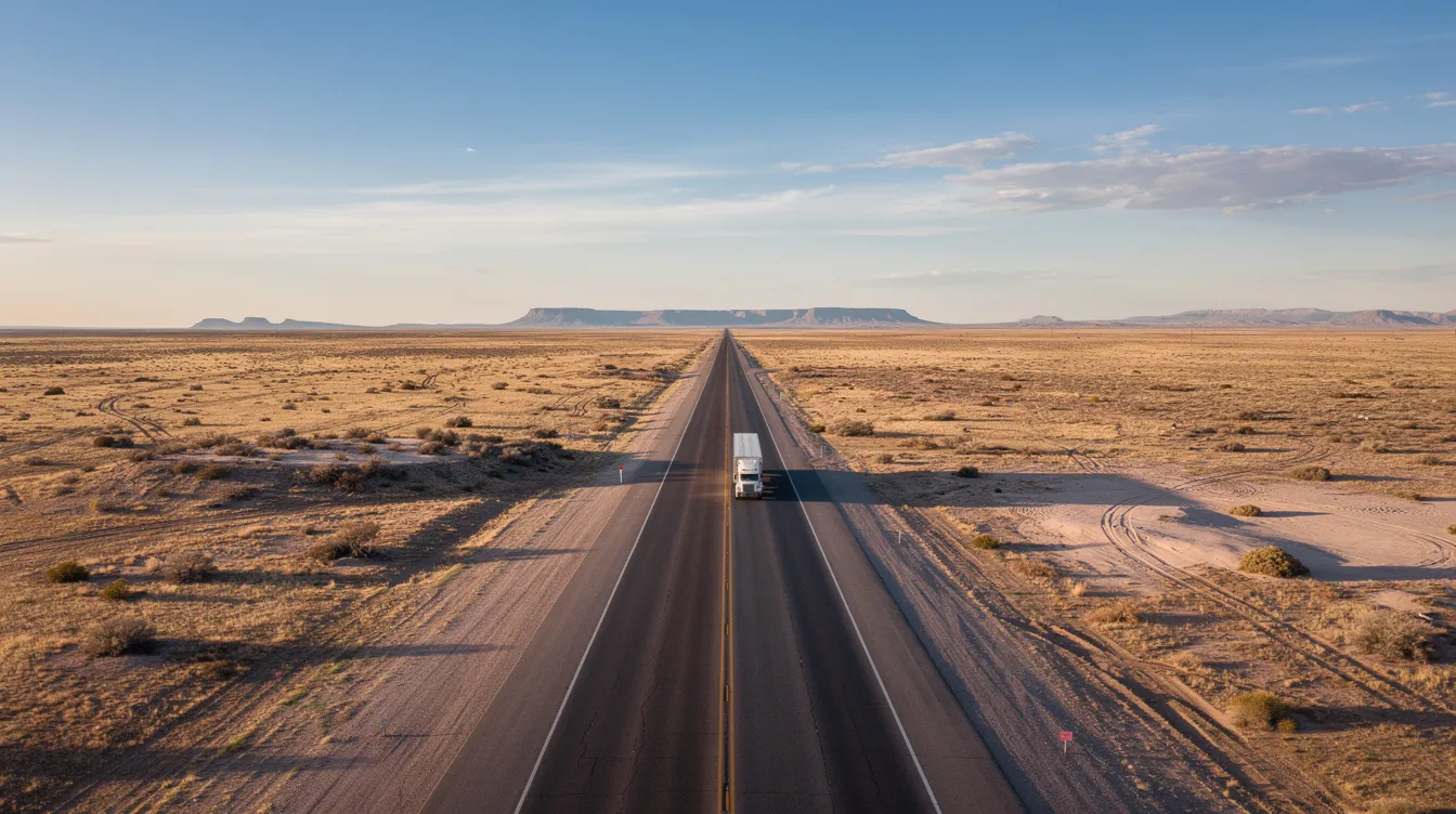 An aerial view captures a long, straight highway slicing through the New Mexico desert, where a semi truck can be seen in the distance, highlighting the vastness of the landscape. This scene reflects the heavy truck traffic typical of commercial vehicles, which can often be involved in truck accident cases, emphasizing the importance of experienced truck accident lawyers for those affected by such incidents.