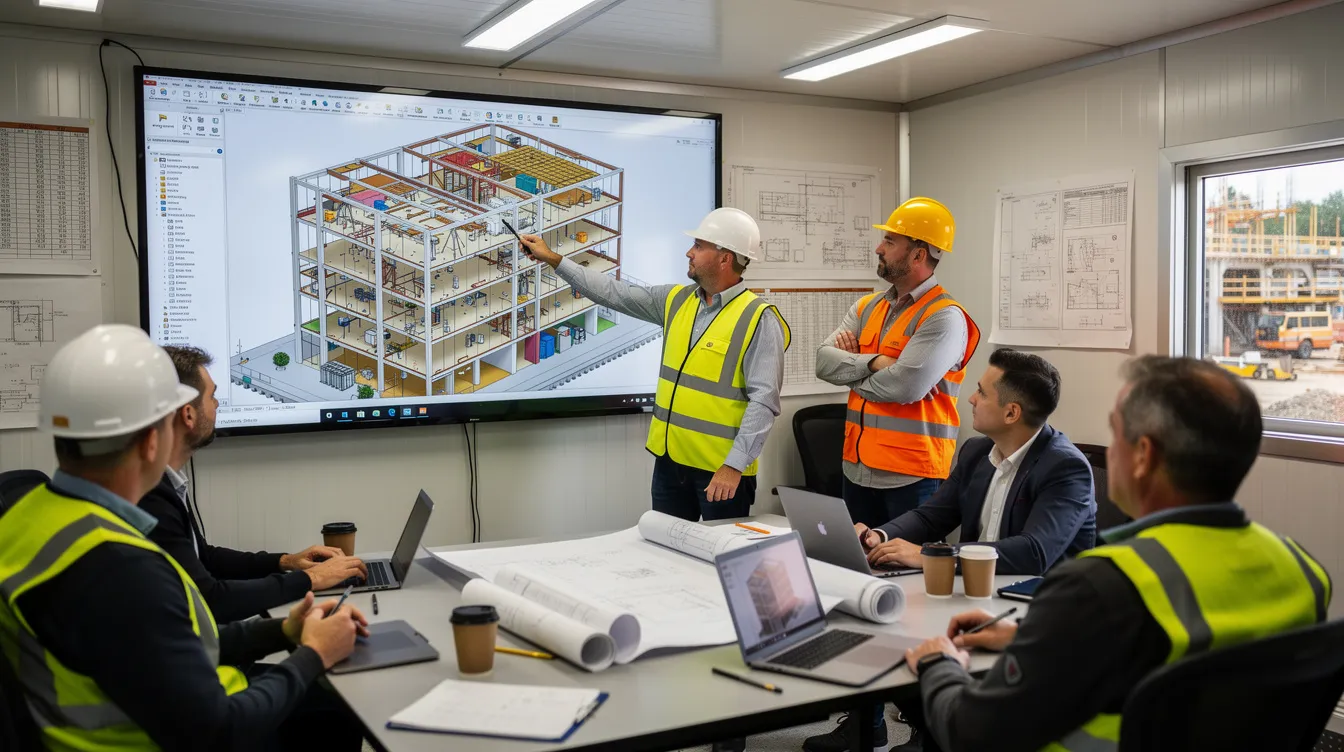 In a job trailer, a group of workers, including project managers and construction managers, are gathered around a large screen displaying a detailed 3D building model. This digital construction solution allows them to track project progress and improve communication while planning construction projects.