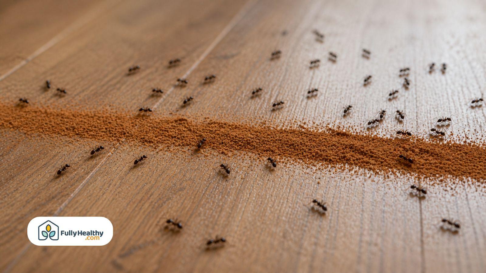 Small ants scattered around sprinkled cinnamon powder on wooden floor surface