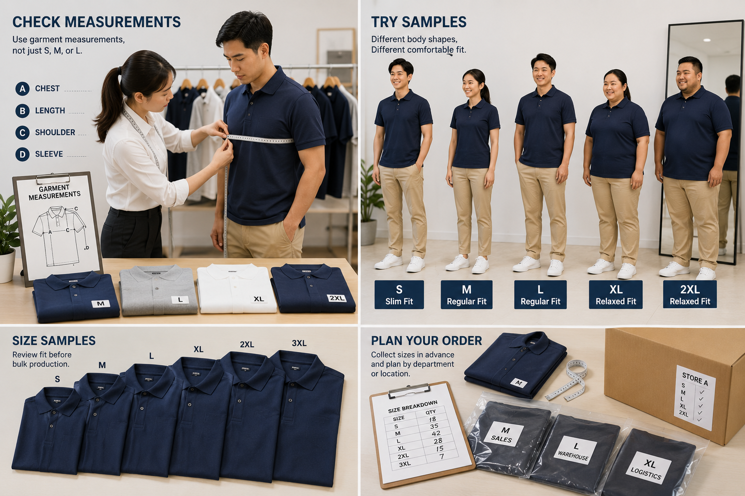 Uniform sizing guide showing garment measurements, fit samples, size ranges, and order distribution planning