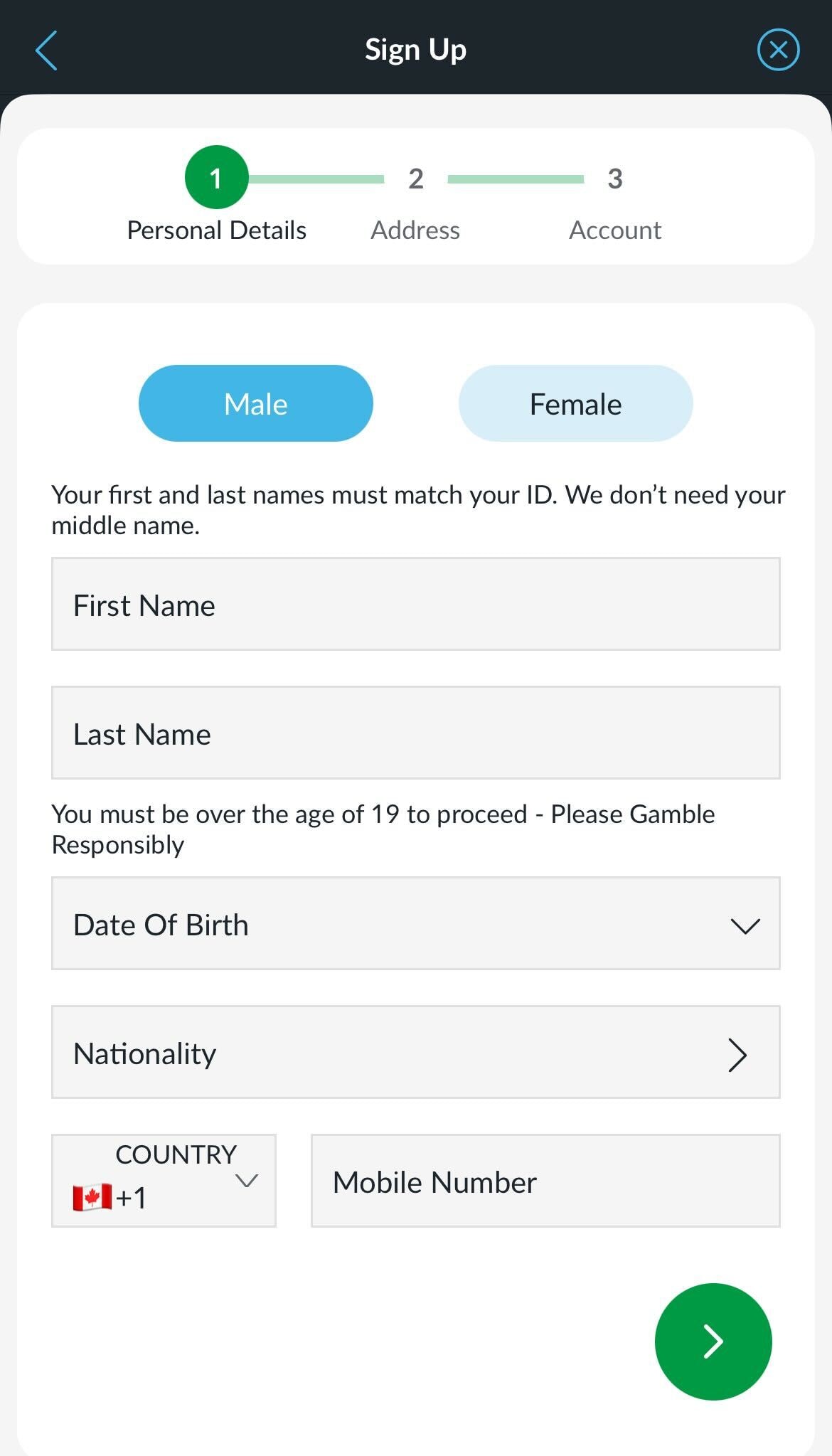 Screenshot view of the sign up page on BetVictor's mobile app.