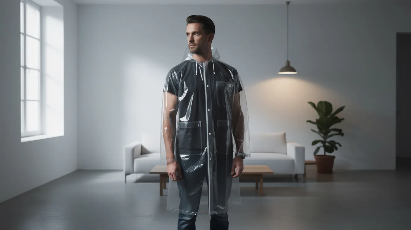 Ein Mann in einem transparenten Regenmantel steht in einem minimalistisch eingerichteten Apartment mit dramatischer Beleuchtung und weißen Wänden, das an die kühle Ästhetik des Films "American Psycho" erinnert. Die Szene vermittelt eine Atmosphäre von Isolation und Spannung, die typisch für die Werke von Bret Easton Ellis ist.