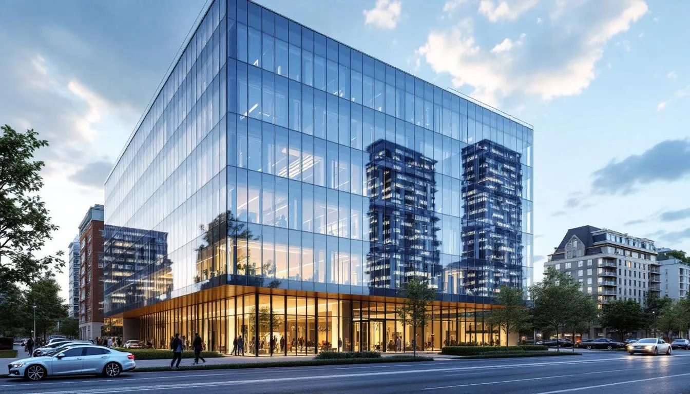 Das Bild zeigt ein modernes Bürogebäude mit einer beeindruckenden Glasfassade und einer einladenden Eingangshalle, die den urbanen Charakter von Frankfurt am Main widerspiegelt. In der Umgebung sind Menschen zu sehen, die geschäftig unterwegs sind, was die lebendige Atmosphäre der Stadt unterstreicht.