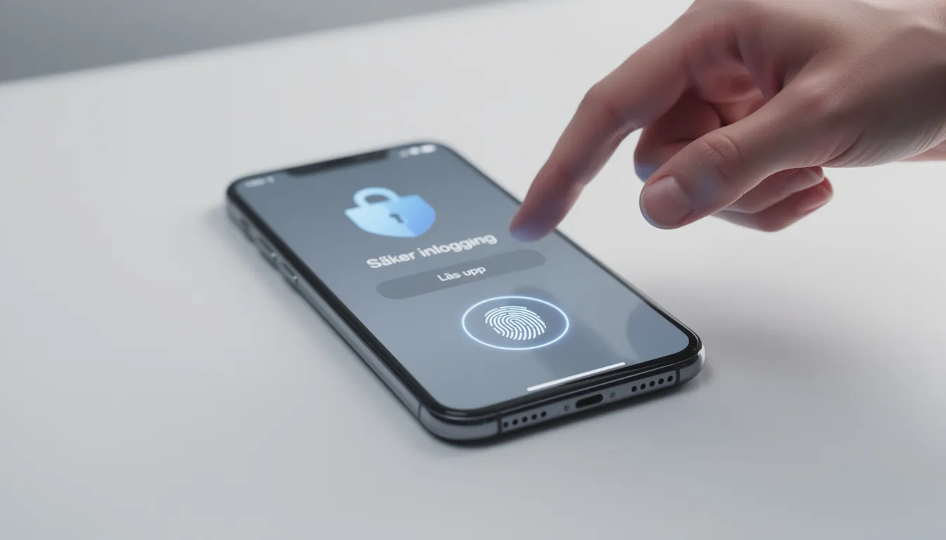 En smartphone med en fingeravtryckssensor ligger på ett bord, vilket visar hur enkelt och säkert det är att logga in för att spela casino i mobilen. Denna funktion möjliggör snabb åtkomst till ett stort utbud av casinospel, inklusive live casino och free spins, direkt via mobilen.