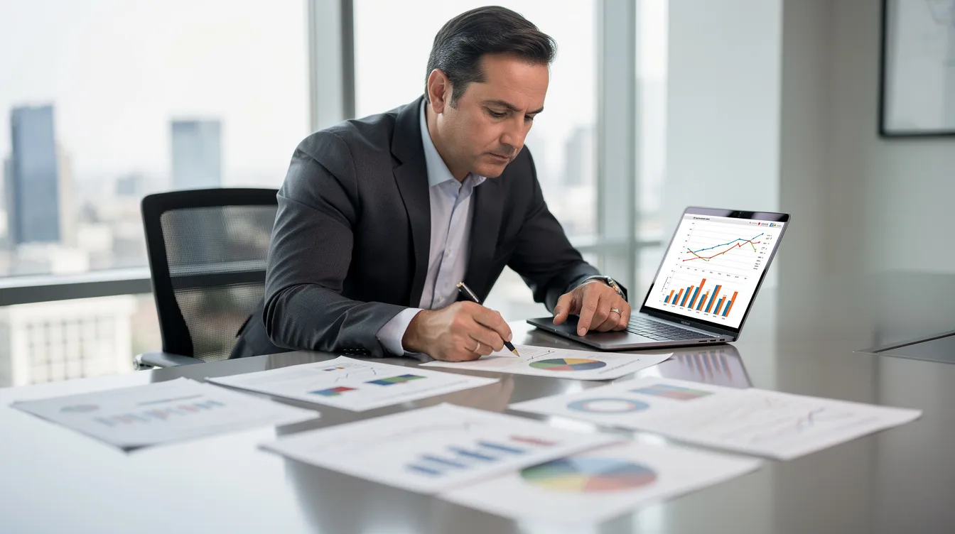 A business owner is seated at a conference table, intently reviewing financial charts displayed on a laptop alongside printed reports. This scene highlights the importance of understanding business income, expenses, and tax obligations for small business owners to effectively manage their tax liability and optimize tax savings.