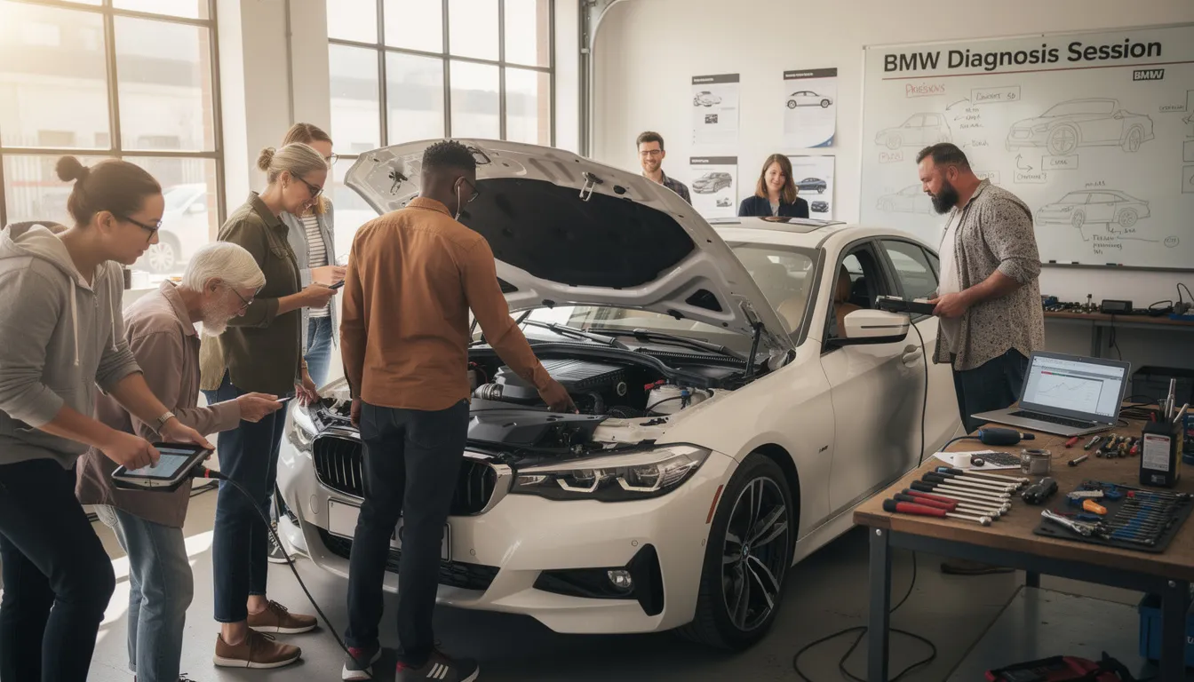 A diverse group of community members is gathered around a table, collaboratively diagnosing a BMW issue, with laptops and documents spread out in front of them. The atmosphere is focused and engaging, reflecting the spirit of the ultimate BMW forum where enthusiasts share tips and suggestions on models like the 3 series and BMW M.