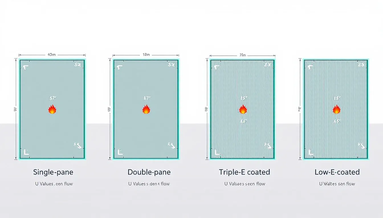 De afbeelding toont een vergelijking van verschillende glastypen met hun isolatiewaarden, inclusief hr glas en triple glas. Dit helpt bij het kiezen van de juiste kozijnen, zoals kunststof kozijnen of aluminium kozijnen, voor optimale isolatie en een strakke uitstraling.