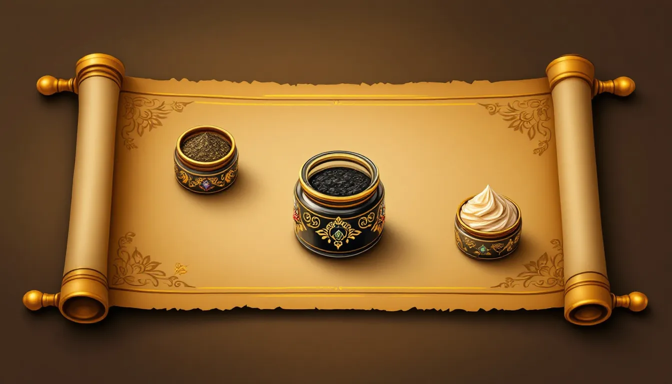 Different forms of shilajit, including resin and powder, displayed in small jars.