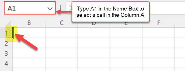 Type A1 in the Name Box to select a cell in hidden first column