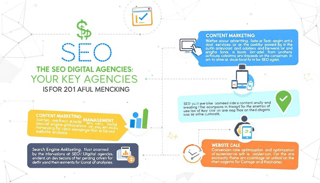 The image showcases a collection of key services offered by SEO digital agencies, including elements like SEO strategy, digital PR, and content marketing, all aimed at enhancing a website's search engine rankings and online visibility. It illustrates a marketing team collaborating to develop effective digital marketing strategies that drive organic traffic and meet business objectives.