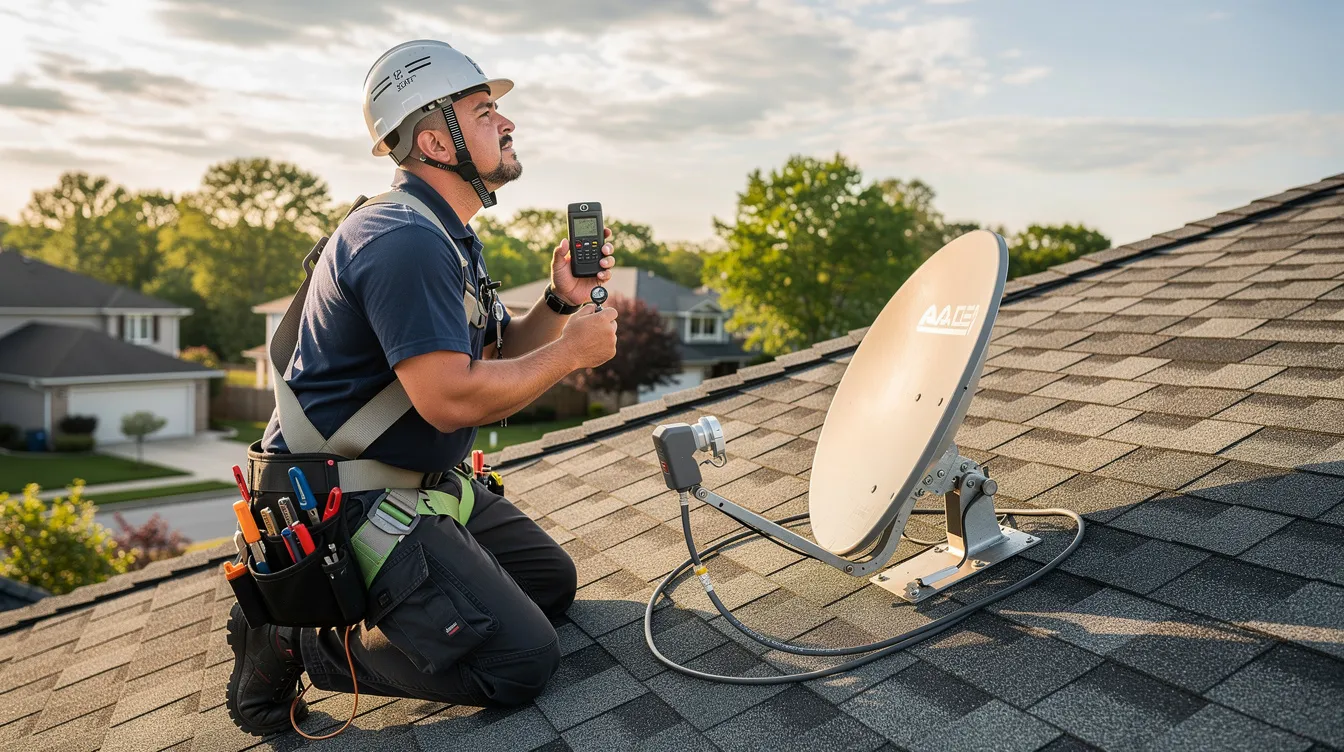 A technician is on a roof assessing the optimal position for a satellite dish installation, ensuring an unobstructed line of sight for the best signal reception. He is equipped with necessary tools and is preparing for the installation process of the DSTV dish to connect it with the decoder for optimal performance.