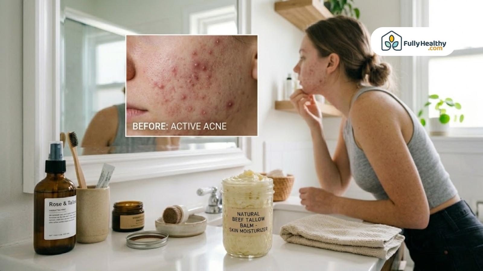 Close-up acne comparison image labeled before treatment with active breakouts