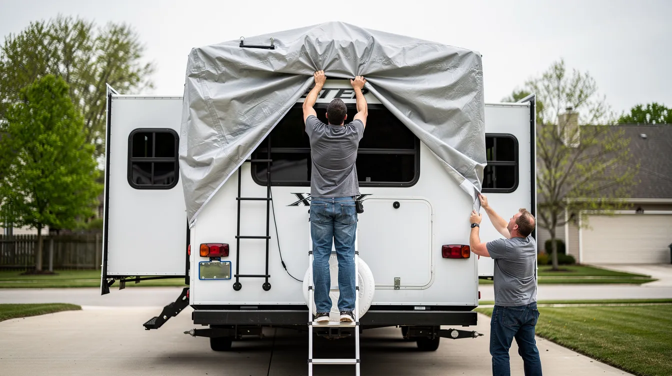 Two people are installing a large RV cover on a fifth wheel trailer, using a rear ladder for access. The cover is designed to protect the vehicle during the off season, ensuring safety and durability against UV rays.