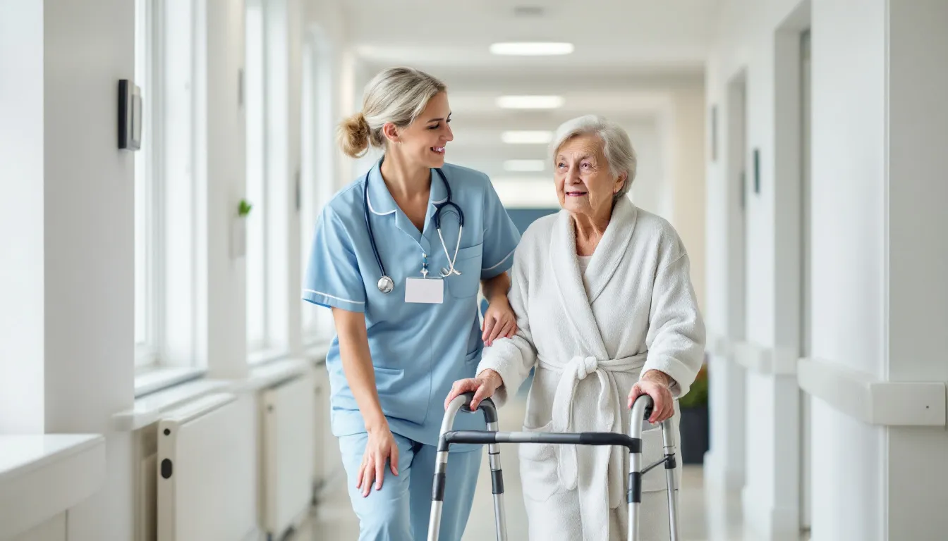 In a bright and clean nursing facility hallway, a certified nursing assistant (CNA) is helping an elderly patient walk using a walker, demonstrating compassionate patient care in a skilled nursing environment. The scene highlights the important role of nursing assistants in supporting the mobility and well-being of residents.