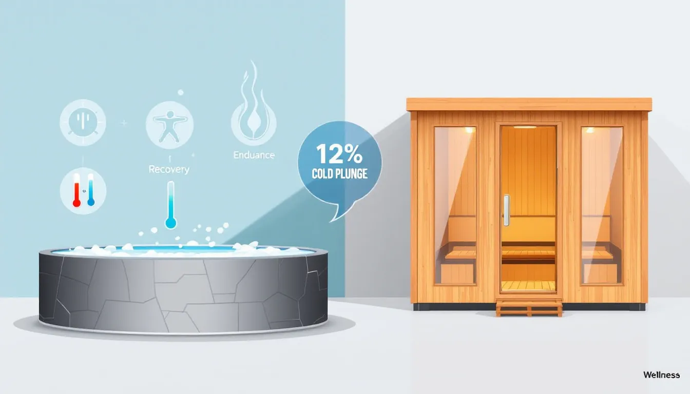 A cold plunge tub set up next to a sauna, illustrating the benefits of contrast therapy.
