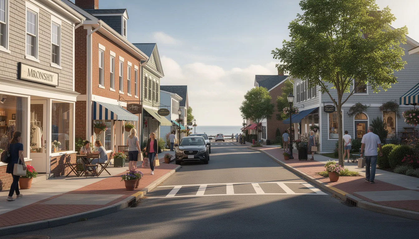 The image depicts a bustling downtown area along the Connecticut shoreline, filled with shops and pedestrians enjoying the vibrant atmosphere. This scene captures the coastal beauty and England charm of the region, highlighting the lifestyle amenities available to new residents and potential homebuyers in towns like New Haven and New London.