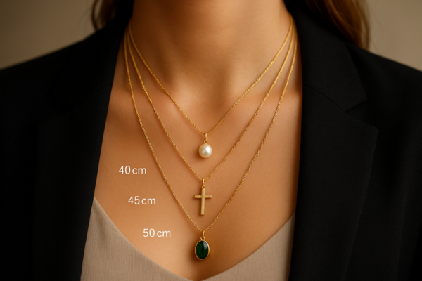 Moteris dėvi skirtingo ilgio auksines grandinėles su pakabukais – perlu, kryželiu ir žaliu brangakmeniu. Šalia kiekvienos grandinėlės pažymėtas ilgis centimetrais (340 cm, 45 cm, 50 cm)