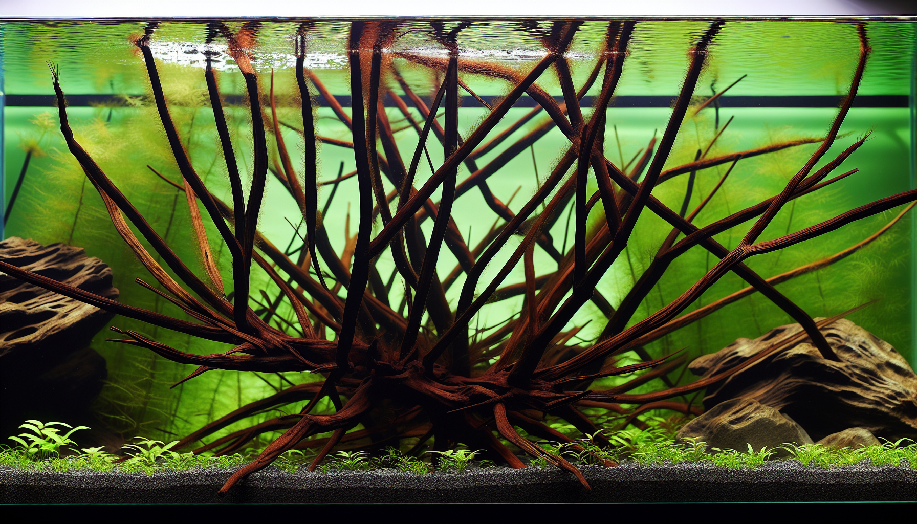 Intricate spider wood creating a natural and captivating aquascape