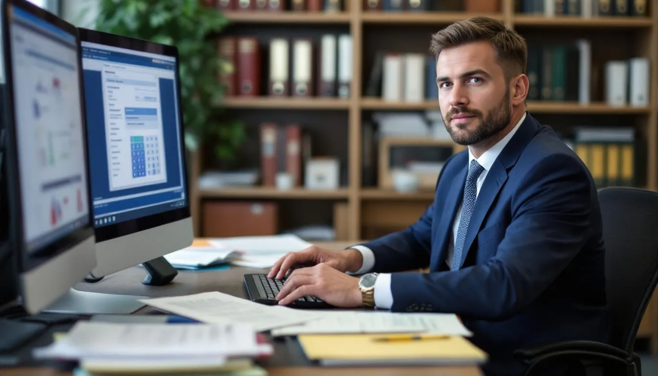 The image shows a federal employee seated at a desk, intently using a computer calculator while reviewing various retirement planning documents. These materials likely include information on the federal employees retirement system, retirement benefits, and calculations related to their fers retirement options.