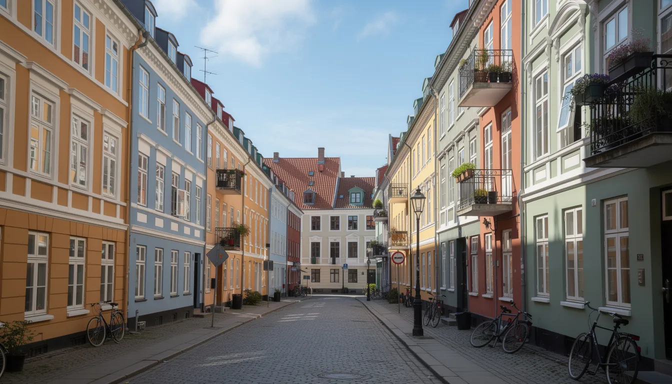 Billedet viser en klassisk københavnsk gade med farverige facader og altaner, der stråler i sollyset. De malede vægge og detaljerede paneler vidner om dygtige malere, der har udført professionelt malerarbejde, hvilket skaber et flot og indbydende miljø i byen.