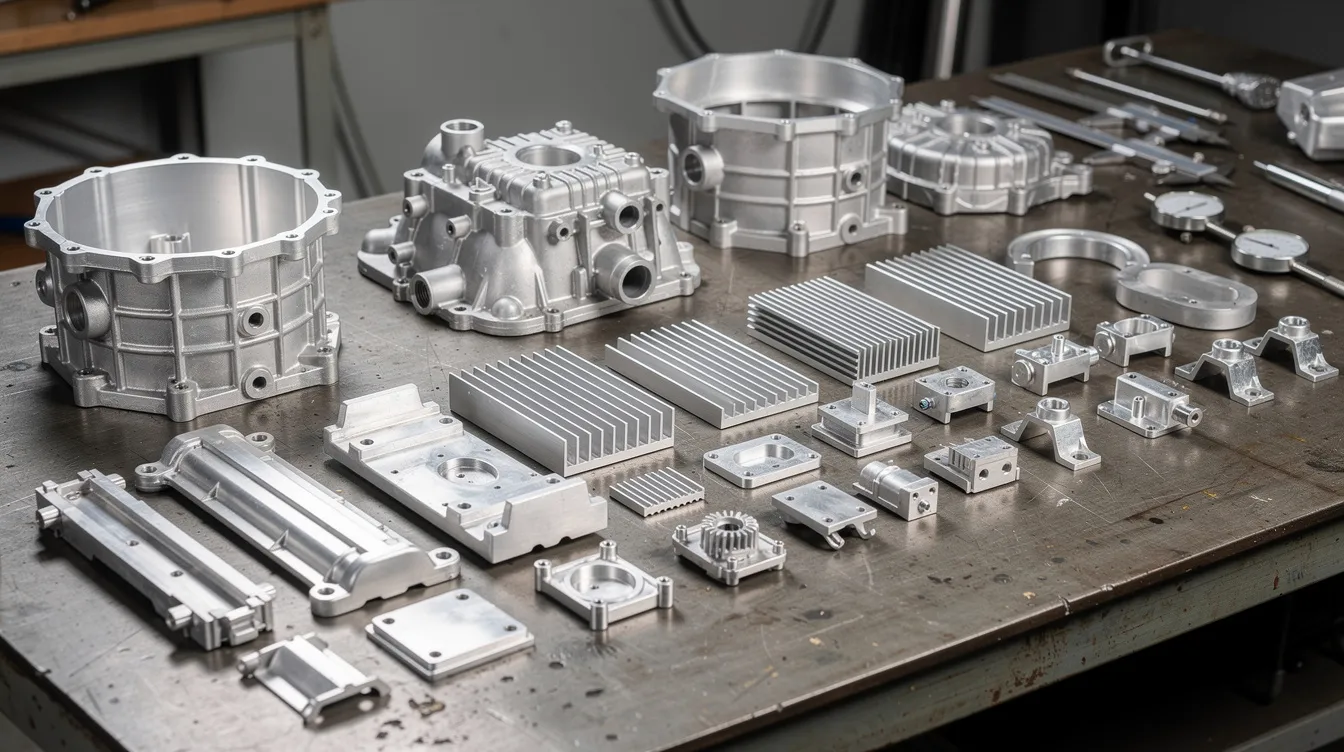 An assortment of aluminum die cast automotive and electronics components is neatly arranged on a workbench, showcasing various die cast parts that highlight the precision and complexity achievable through the aluminum die casting process. The display illustrates the high dimensional stability and excellent corrosion resistance of these cast aluminum components, which are essential for high volume production in the automotive industry.