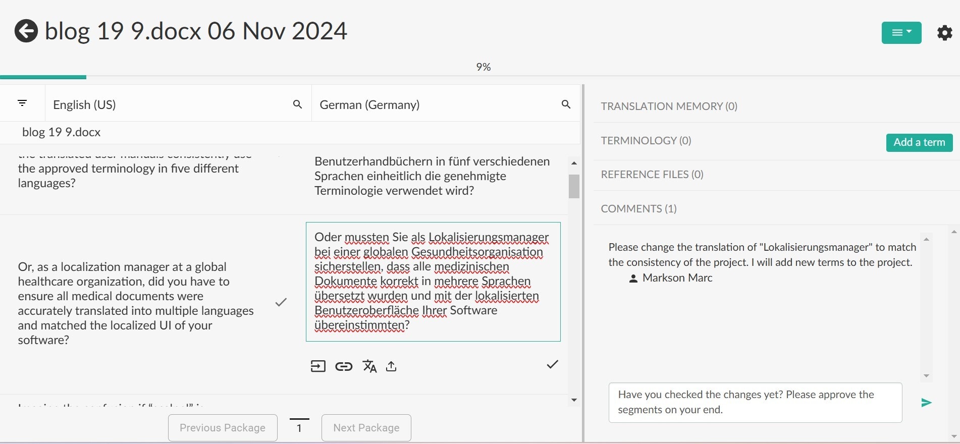 Live conversation between reviewer and translator with a visible reply box - collaborative translation