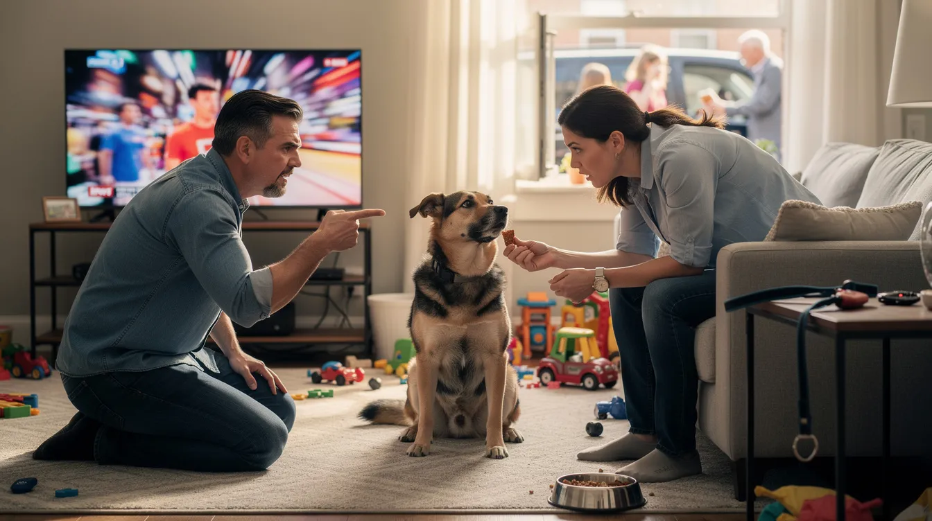 Common Dog Training Mistakes: 15 Critical Errors That Sabotage Your Success 2 The image depicts a dog training session in a dog park, where a certified professional dog trainer is demonstrating positive reinforcement techniques to teach a rescue dog basic commands. The scene highlights common dog training mistakes, such as poor timing and lack of proper socialization, while showing the dog's attentive body language as it learns the desired behavior.