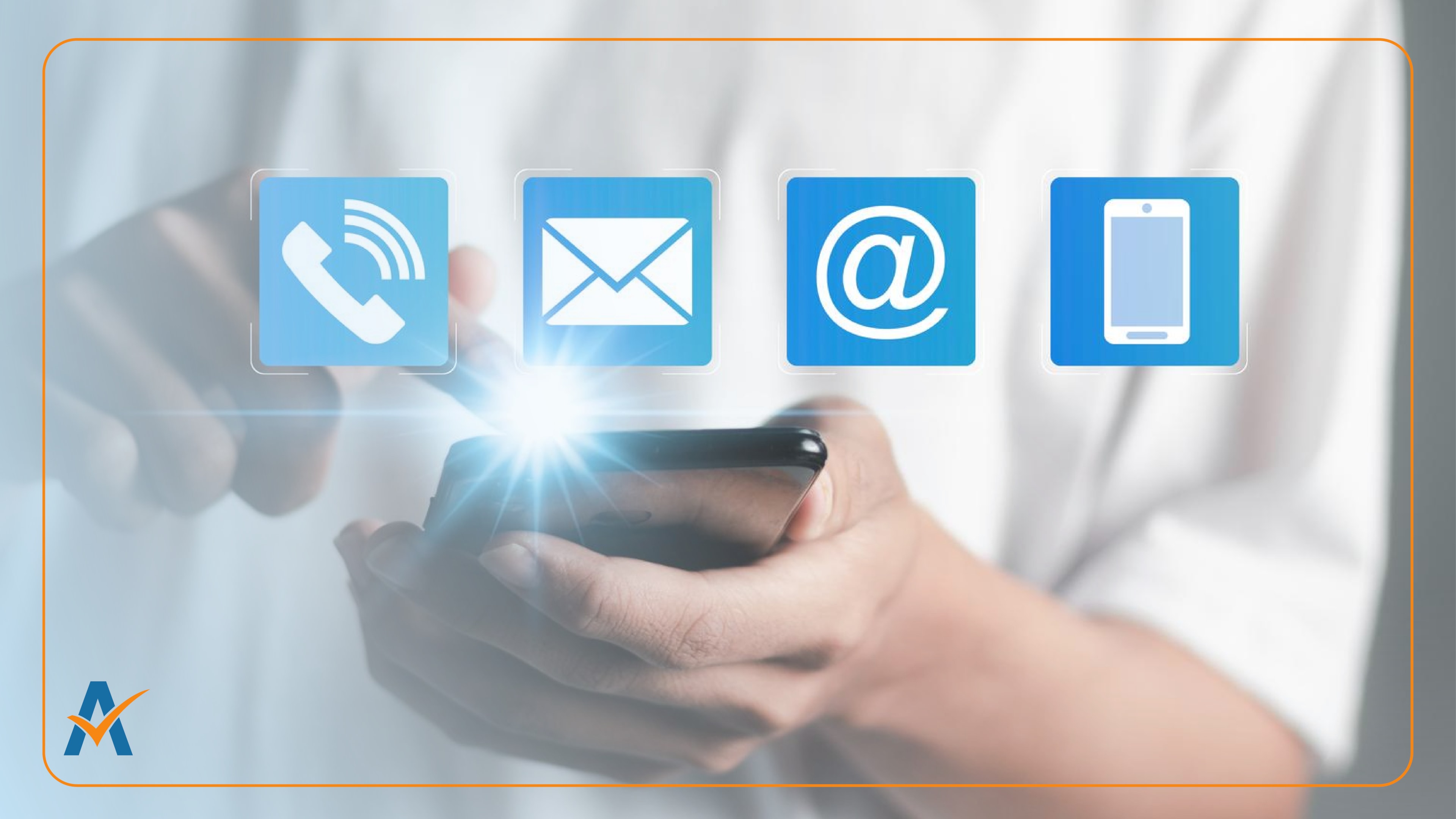 Hands on smartphone with icons for SMS marketing, email, phone, and web showing universal consent across channels.