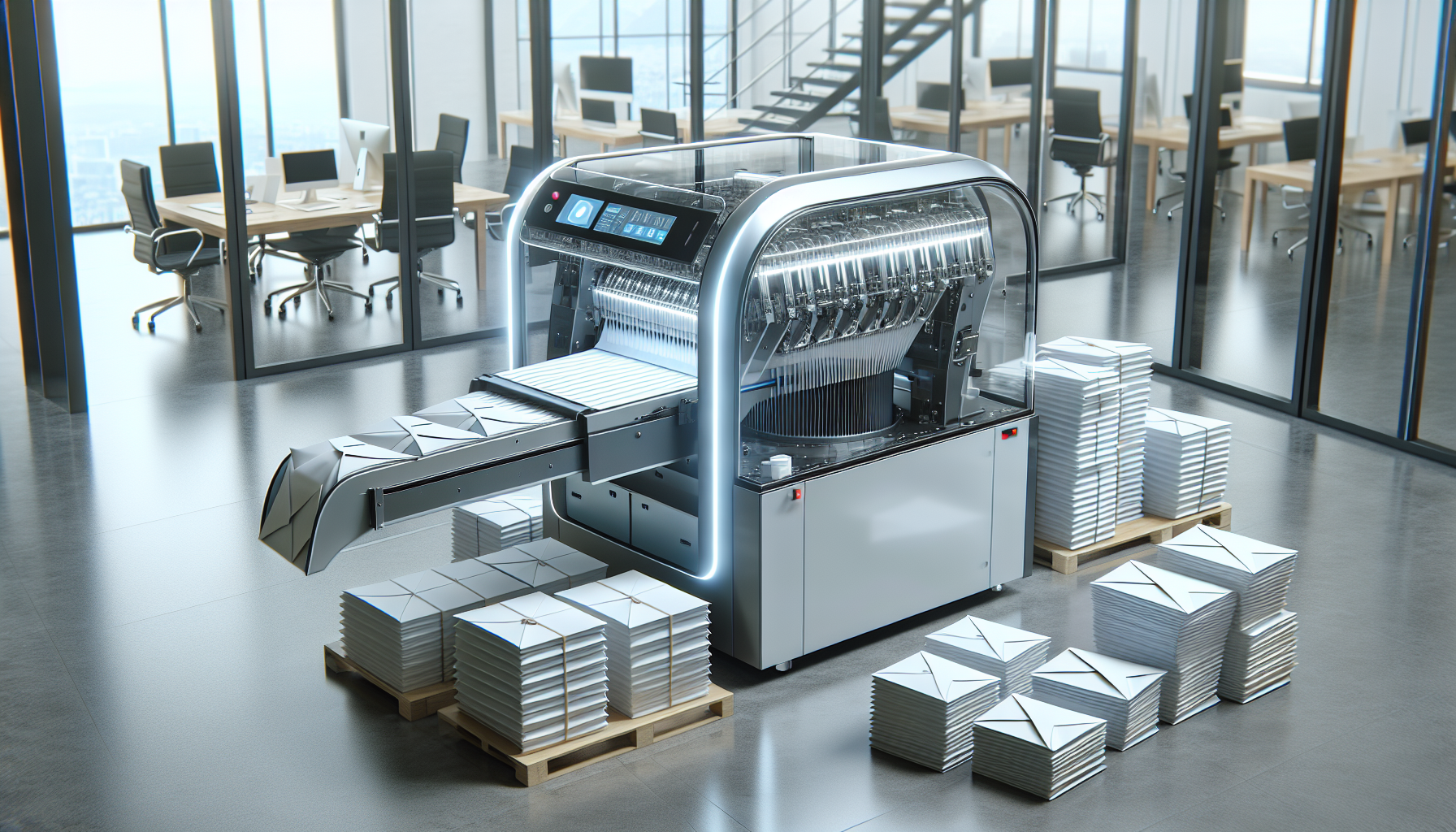 Envelope stuffing machine processing mail