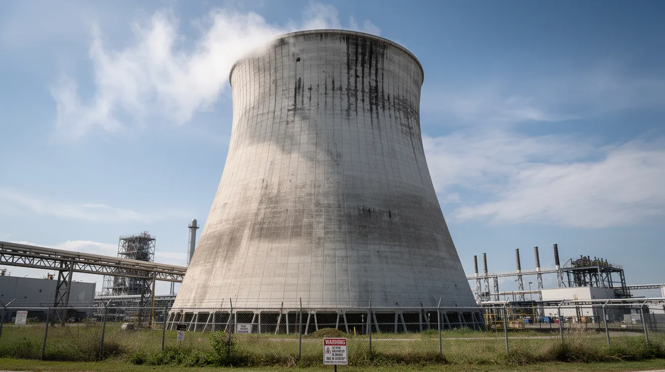 The image depicts a realistic cooling tower, showcasing its tall structure made of galvanized steel, with a cold water basin at the base. The scene highlights the control panel and the flow of air, emphasizing the unit's operation and maintenance aspects.