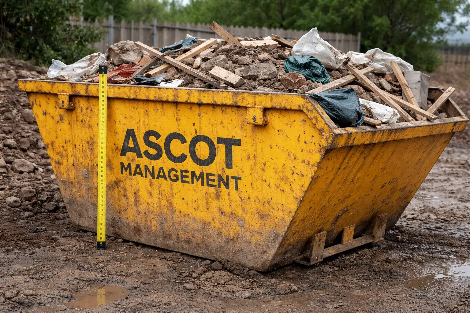 Ascot Management skip showing mixed waste and size scale on a UK building site