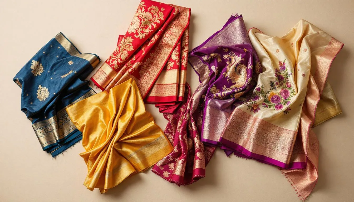 The image displays a stunning collection of regional Indian wedding sarees, featuring various weaving techniques and intricate embroidery. Each saree showcases vibrant colors and unique designs, representing the rich cultural heritage of Indian weddings and offering perfect bridal attire for modern brides.