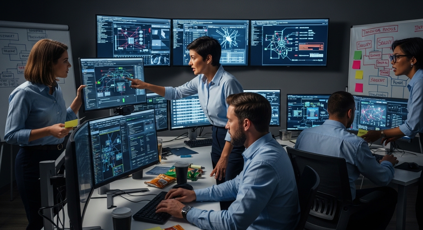 Cybersecurity team monitoring threats and preventing data breaches through structured governance processes.